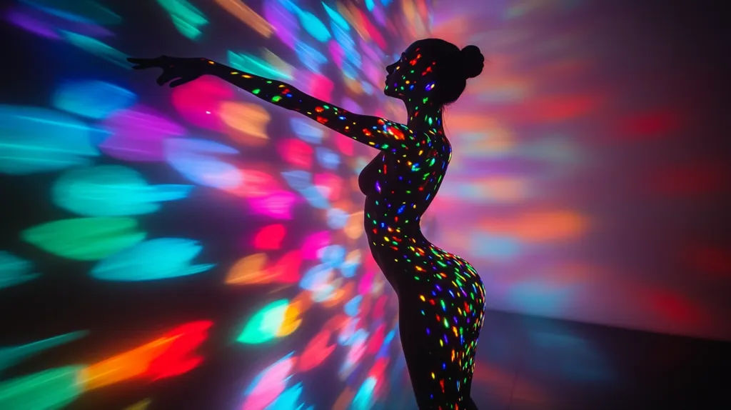 The image shows the silhouette of a woman standing in front of a wall illuminated by colorful lights. The woman is turned sideways, her arm outstretched, and her body is covered in a pattern of multi-colored dots. The lights create a dynamic and abstract background, with blurred shapes and streaks of color. The silhouette is a stark contrast to the vibrant background, creating a visually striking composition. The image evokes a sense of mystery and intrigue, leaving the viewer to interpret its meaning.