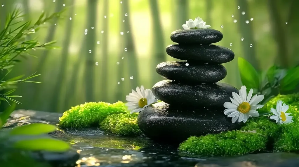 A zen garden scene featuring a stack of smooth, black stones topped with a single white flower. Lush greenery surrounds the stones, and a gentle rain falls, creating a peaceful and serene atmosphere. The scene evokes a sense of tranquility and balance.