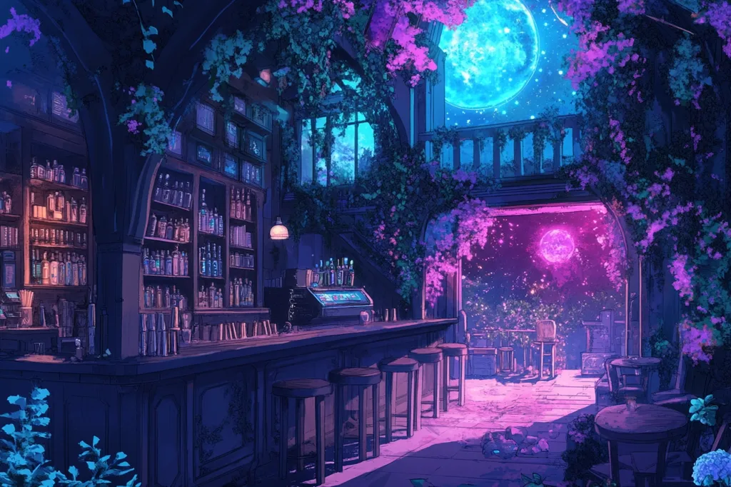 The image depicts a magical bar, adorned with lush vines and blooming flowers, under a night sky with two moons. The bar is dimly lit, with a long counter and stools. Bottles line the shelves, casting a warm glow. The view outside reveals a starry sky and an open patio with tables and chairs. The scene is otherworldly, inviting a sense of wonder and mystery.