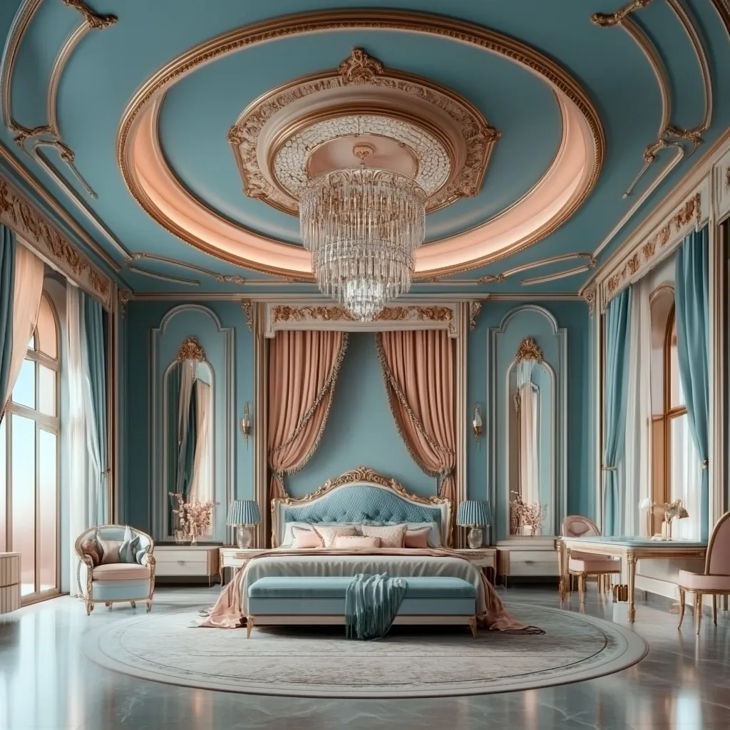 The image depicts a luxurious bedroom with a grand, ornate ceiling, featuring a crystal chandelier and intricate gold detailing. The walls are painted a calming blue, and the bed is draped in elegant peach-colored curtains. The room is furnished with plush furniture, including a tufted headboard, a luxurious armchair, and a chaise lounge. The overall design is opulent and sophisticated, creating a sense of grandeur and tranquility.