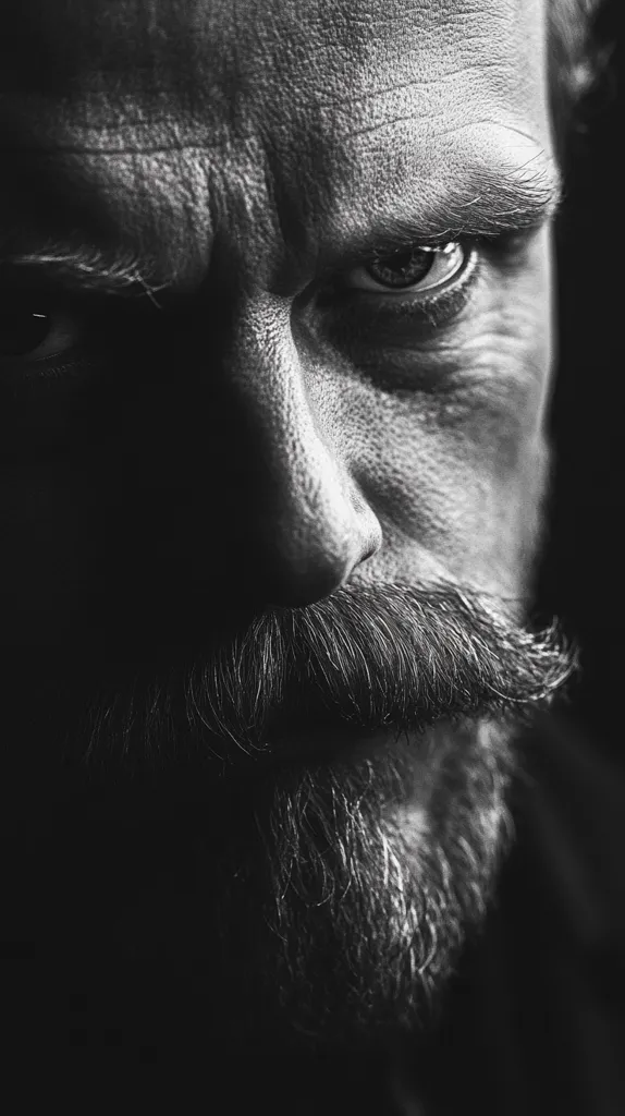 A close-up black and white portrait of a man with a beard and mustache. His face is partially shadowed, but his piercing gaze is visible. He appears serious, maybe even angry, and his expression suggests a story waiting to be told. The image is a study of masculinity and the strength of a man’s gaze.