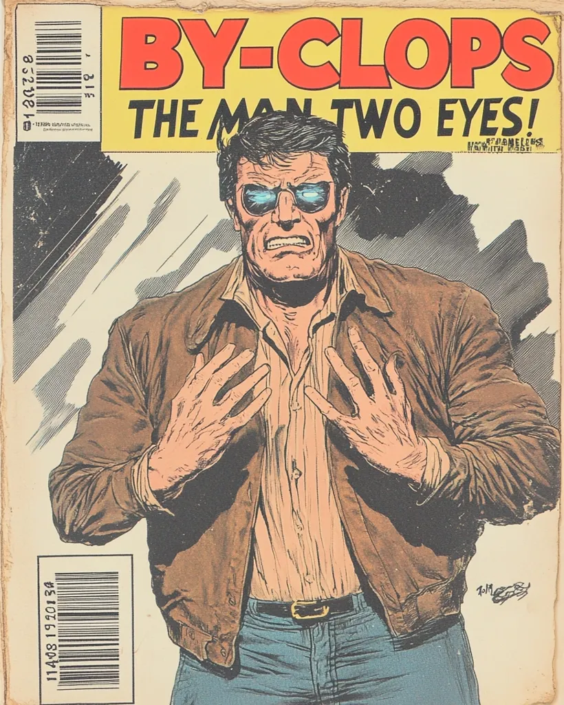 The image shows a comic book cover featuring a man with blue sunglasses and a serious expression. He is wearing a brown jacket over a white shirt and blue jeans. The cover title is "By-Clops, The Man Two Eyes!" with the tagline "Now Homeless! With Hash!" The cover features a barcode and a price tag in the bottom left corner. The artwork is stylized and has a retro comic book feel.