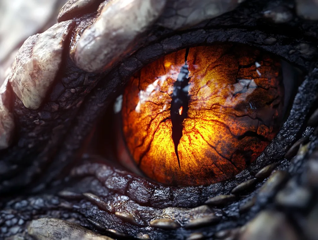 The image is a close-up of a dragon's eye. The eye is large and round, with a bright orange iris and a black pupil. The eye is surrounded by scales that are dark and textured. The eye is looking directly at the viewer, giving the impression of power and intensity. The eye is filled with light, suggesting that the dragon is alive and well. The image is both menacing and beautiful.