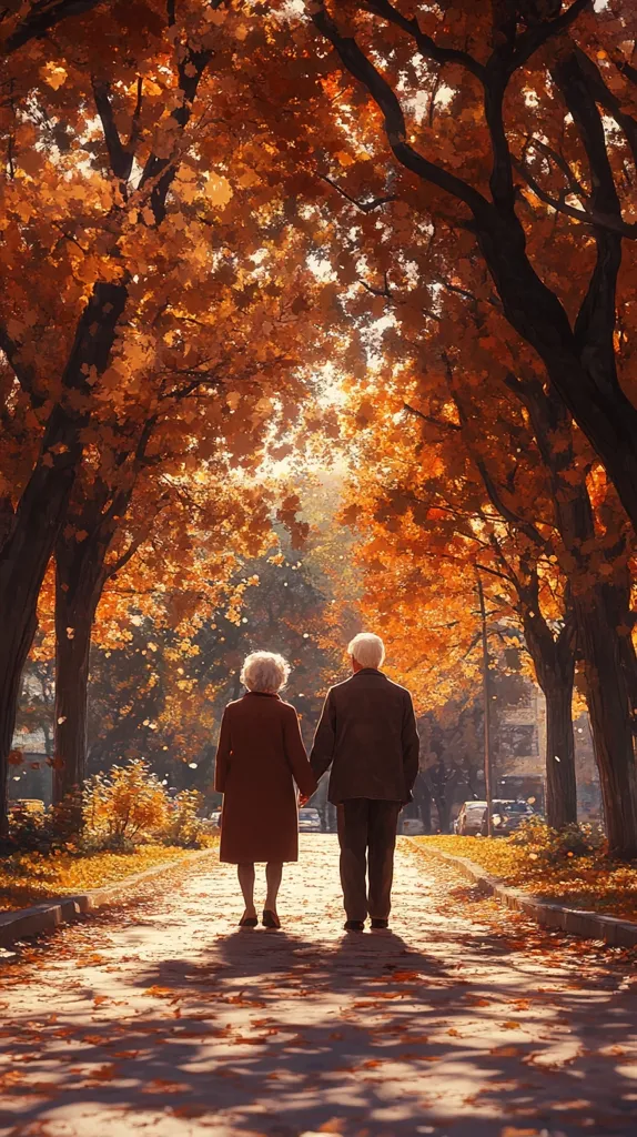An elderly couple walks hand-in-hand down a paved pathway lined with trees in vibrant autumn foliage.  The sunlight streams through the leaves, casting dappled shadows on the ground.  The scene evokes a sense of peace and tranquility, with the couple seemingly enjoying a leisurely stroll together.  The colors of the leaves are rich and warm, creating a beautiful backdrop for the image.