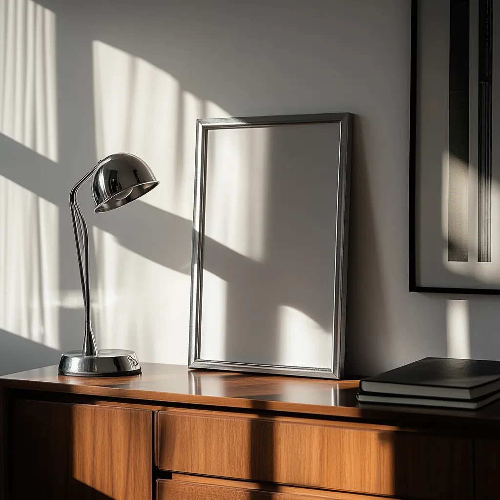 A silver lamp sits on a wooden dresser with a large silver framed picture to its right. There is a stack of two black books on the dresser next to the picture. The sun is shining through a window creating long shadows across the wall and the dresser. The image has a clean, modern aesthetic.