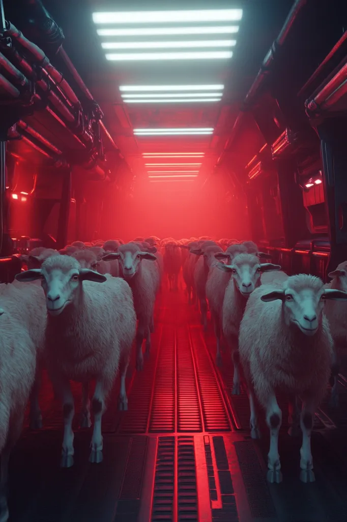A flock of sheep walk down a long, narrow corridor illuminated by red and white lights. The walls are lined with industrial piping and the floor is made of metal grating. The sheep are white with fluffy wool and their faces are visible as they move forward. The scene is surreal and somewhat unsettling.