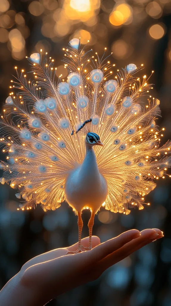 A white peacock with its tail feathers fanned out, glowing with a golden light. It stands on an outstretched hand, its blue eyes sparkling with life. The background is a soft blur of out-of-focus lights. The image evokes a sense of wonder and magic.