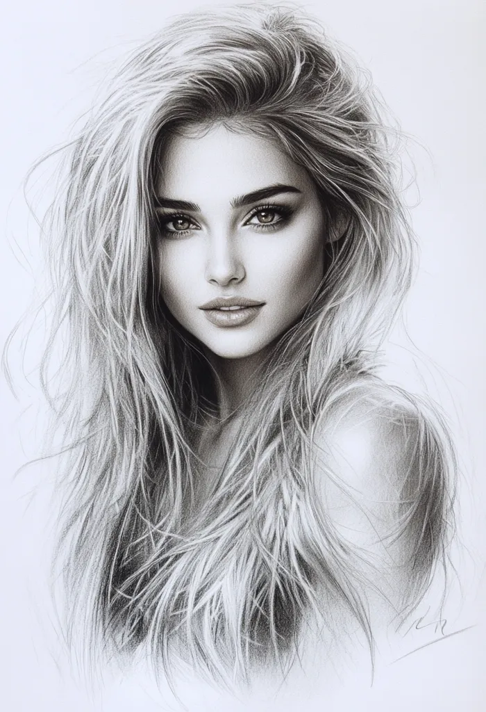 The drawing is a black and white portrait of a young woman with long, flowing hair. Her hair is parted on the side and falls in loose waves around her shoulders. She has large, expressive eyes and a delicate, feminine face. The artist has used shading to create a sense of depth and dimension in the drawing. The woman's gaze is soft and inviting, as if she is looking directly at the viewer. The overall effect is one of beauty, grace, and serenity.