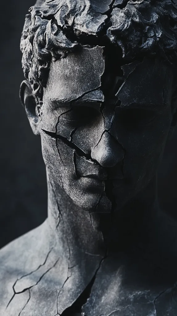 A close-up of a cracked stone sculpture of a man's face and upper torso. The cracks run deep, giving the impression of age and wear. The statue's expression is somber, with a hint of sorrow in its eyes. The dark, textured surface adds to the sense of melancholy and decay.