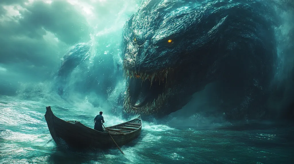 A lone figure in a small wooden boat rows across a stormy sea. The looming presence of a gigantic, dark sea monster with sharp teeth and glowing eyes fills the background, creating an atmosphere of dread and impending doom. The turquoise water is churned into whitecaps by the monster's powerful presence. The scene is both beautiful and terrifying, suggesting a perilous journey for the lone rower.
