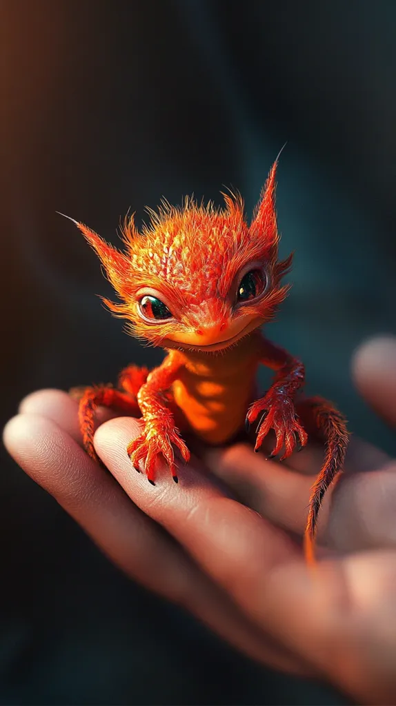 A small, orange, furry creature with large eyes and a mischievous grin sits on a human hand. The creature resembles a dragon with feathery fur and clawed feet.  Its tail wraps around the hand, suggesting a playful and friendly nature. The background is out of focus, emphasizing the creature's adorable charm.