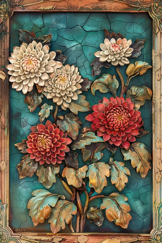 The image depicts a framed artwork featuring a floral arrangement.  The flowers are crafted from a textured material and painted in vibrant hues of white, red, and beige.  The leaves are sculpted with intricate details and have a metallic green finish.  The background is a textured teal blue, giving the artwork a vintage and rustic aesthetic. The frame is ornate, enhancing the overall elegance of the composition.