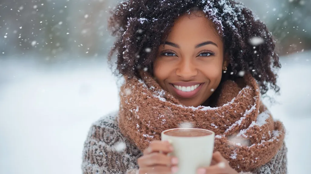 A young woman with curly hair and a warm brown scarf smiles warmly as she holds a steaming cup of cocoa. Snow gently falls around her, creating a cozy winter scene. Her eyes sparkle with happiness, highlighting the joy of the season.  She is glowing with contentment, enveloped in the warmth of her drink and the beauty of the winter wonderland.