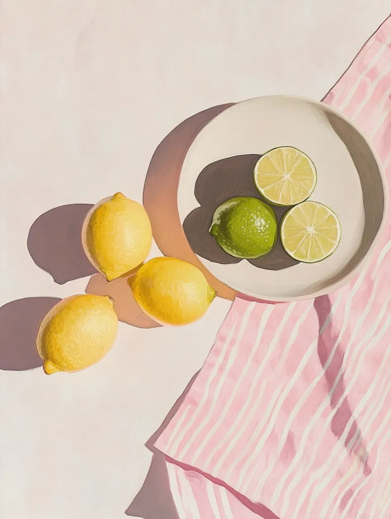 A white plate with three lime halves sits on a pink and white striped tea towel.  Three lemons are arranged around the plate, two whole and one half, on a light background.  The scene is illuminated by a soft, warm light.