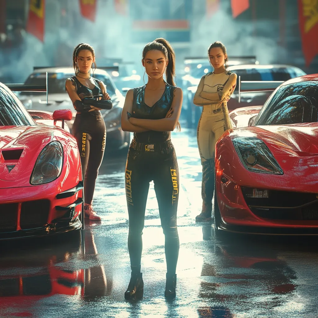 Three women stand between two sleek sports cars, one red and one black. They are dressed in sporty attire, suggesting they are racing crew members. The image has a futuristic, cyberpunk vibe, with vibrant lighting and a wet, reflective pavement. The woman in the center, with dark hair pulled back, stands confidently with her arms crossed, looking directly at the viewer.