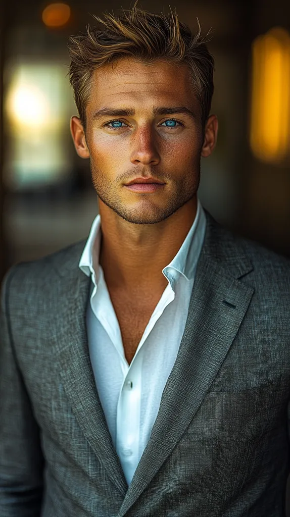 A young man with short, tousled blond hair and piercing blue eyes stares intensely at the camera. He is wearing a grey suit jacket over a white collared shirt. The lighting is soft and warm, casting a slight glow on his face. His expression is serious and introspective.  The image conveys a sense of confidence and sophistication.