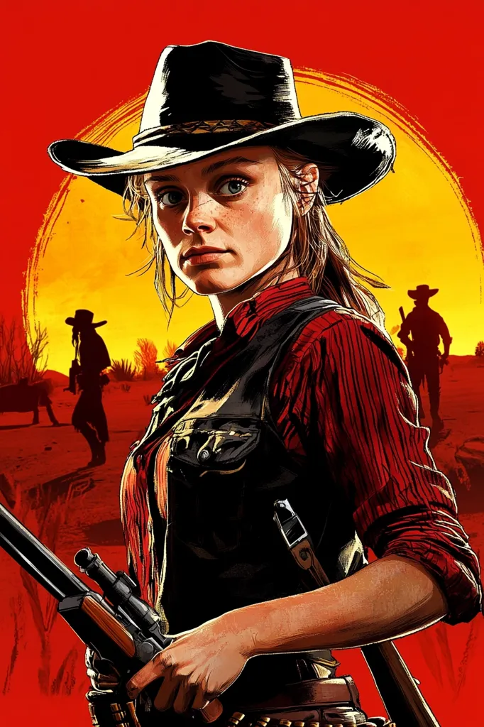 A woman in a red shirt and black vest, wearing a cowboy hat, stands in a field with a rifle in her hands. She has a determined expression on her face. Behind her, a sunset creates a warm glow. The background features a silhouette of another cowboy, adding to the Wild West theme.  The image captures a strong and independent woman, ready to face any challenge.