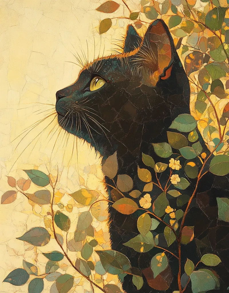 The painting depicts a black cat with green eyes, partially hidden within a leafy bush. The cat's head is turned to the side, looking up and to the right. The background is a soft, muted yellow with a hint of gold. The leaves and branches of the bush are detailed and textured, creating a sense of depth and realism. The painting has a dreamy, ethereal quality, suggesting a quiet and peaceful moment in nature.
