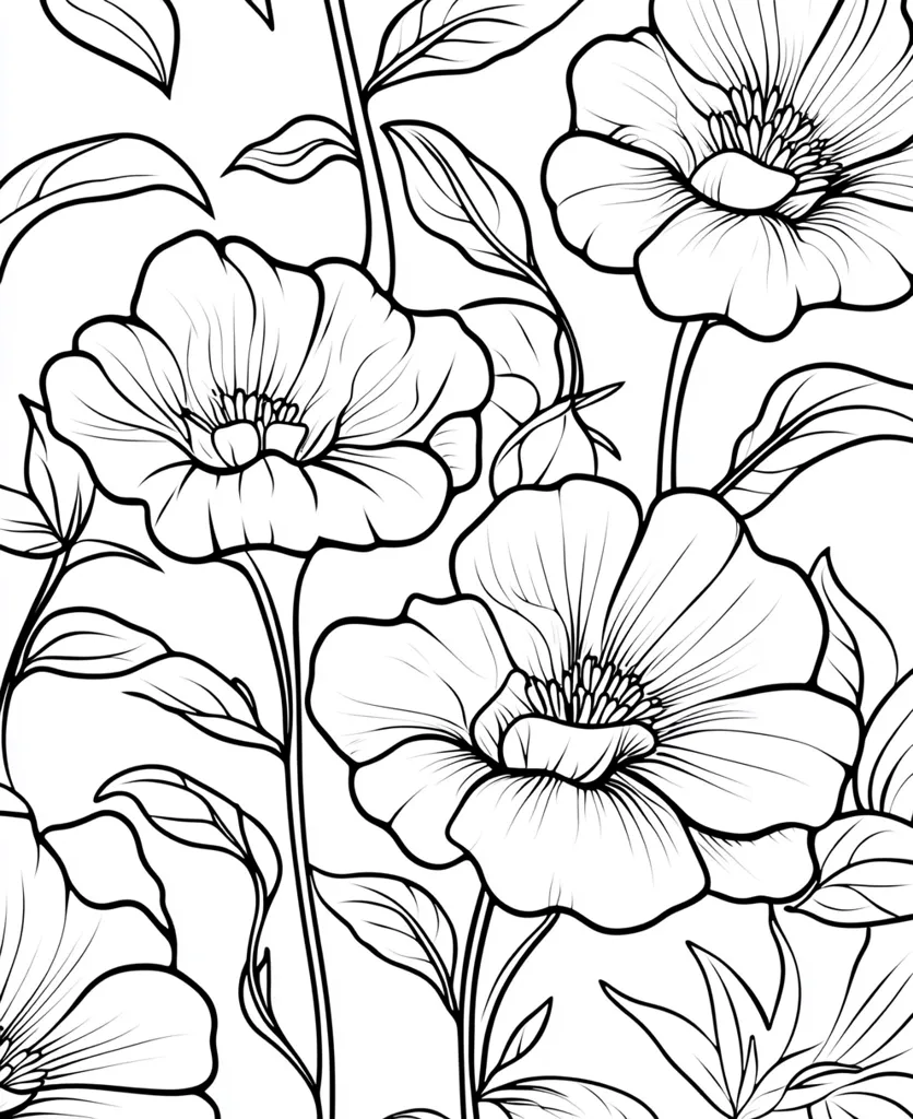The image is a black and white line drawing of flowers and leaves. The flowers are large and have multiple petals. The leaves are long and slender. The image is a repeating pattern and could be used as wallpaper or fabric. The style is simple and elegant. The flowers are arranged in a random pattern, giving the image a sense of movement. The black lines are bold and strong, creating a striking contrast against the white background.