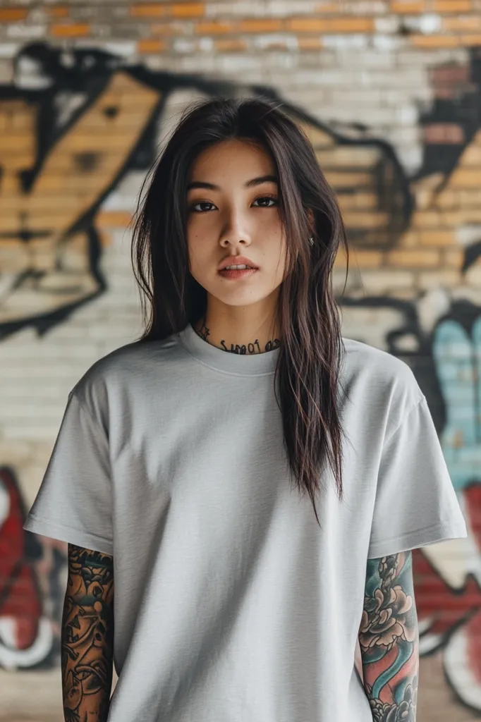 A young woman with long black hair is standing in front of a graffiti-covered wall. She is wearing a plain gray t-shirt, and her right arm is covered in a colorful tattoo. She has a neutral expression on her face, and her eyes are looking directly at the camera. The image is taken from a slightly low angle, and the background is blurred.