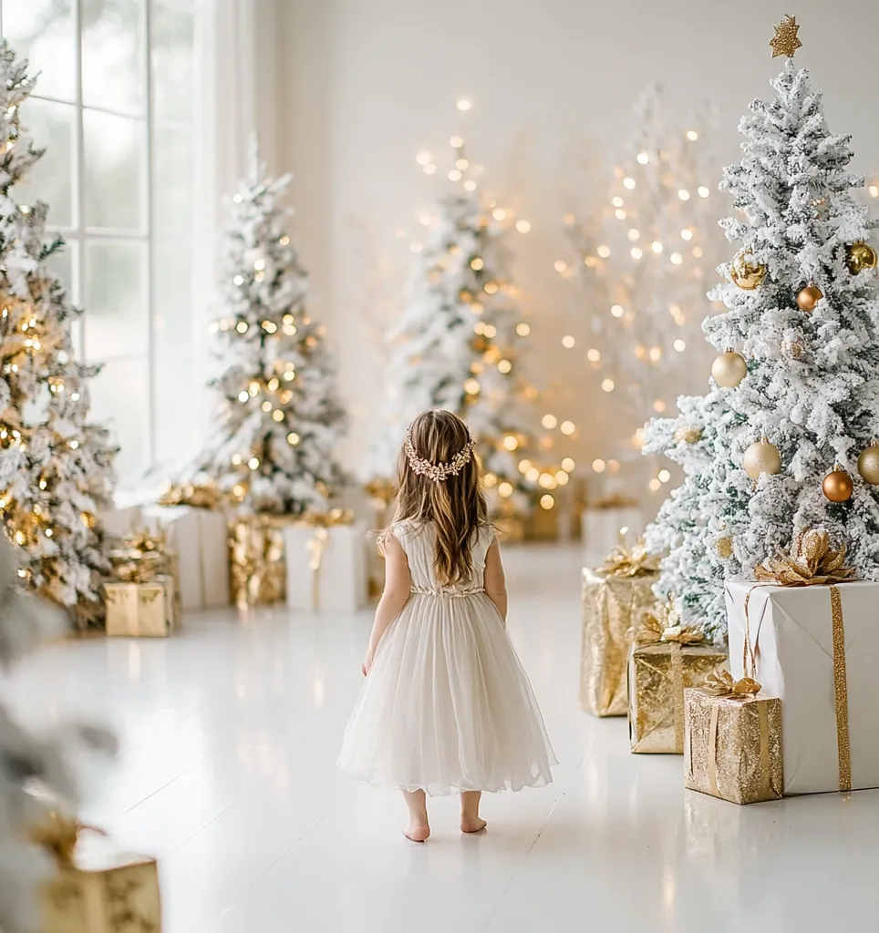 A young girl in a white dress and a sparkly headband stands in a room decorated with flocked Christmas trees and presents. The trees are adorned with gold ornaments and twinkling lights, creating a magical winter wonderland scene. The room is filled with a warm and festive atmosphere, perfect for capturing childhood memories.