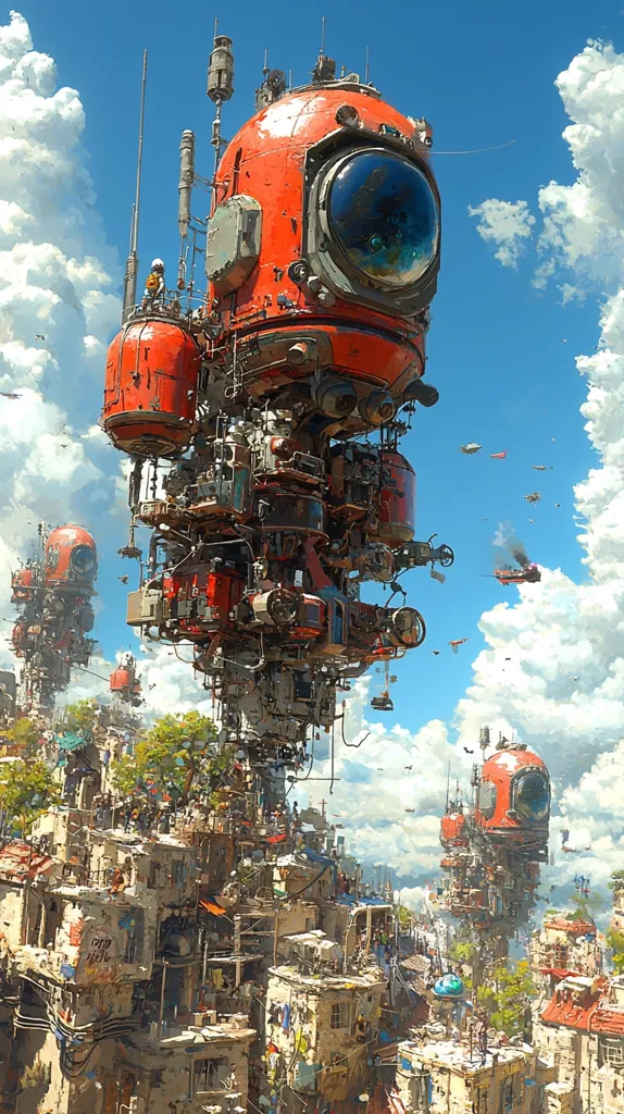 A fantastical, steampunk-inspired city floats in the sky.  Large, red, spherical airships with complex machinery are connected to smaller airships and structures. The city is bustling with activity, with people and vehicles moving around. The sky is a vibrant blue with puffy clouds, giving the scene a whimsical feel.  The overall effect is one of awe and wonder, with a hint of industrial chaos.