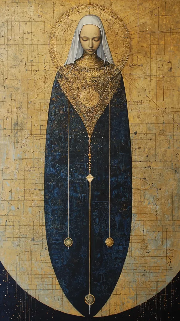 The image depicts a woman dressed in blue and gold robes, standing against a background of intricate geometric patterns and scribbles. She wears a white veil and has a serene expression. The image is dominated by gold and blue hues, creating a sense of mystery and spirituality. The woman's body is elongated and almost ethereal, adding to the otherworldly feel of the artwork. The geometric patterns and symbols in the background suggest a connection to science, mathematics, or the cosmos.  The overall impression is one of contemplative beauty and enigmatic symbolism.