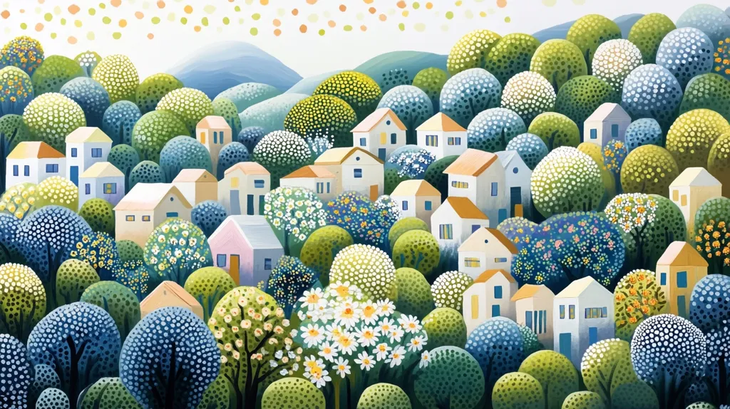 The painting depicts a whimsical village nestled among rolling hills. Lush, green trees with a dot pattern dominate the landscape, their colors ranging from deep emerald to pale turquoise. White and yellow houses peek out from the foliage, their simple forms adding a touch of charm to the scene. The sky is a soft blue, dotted with a few white clouds and sprinkled with orange and yellow specks, suggesting the warmth of the sun. The overall effect is peaceful and dreamlike, evoking a sense of tranquility and joy.