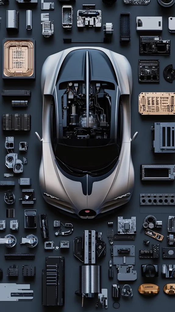 The image shows a sleek, silver Bugatti Chiron surrounded by an assortment of disassembled car parts.  The parts, mostly metallic and black, are arranged symmetrically around the car, creating a visually striking composition. The image suggests the complex engineering and craftsmanship involved in creating such a high-performance vehicle.