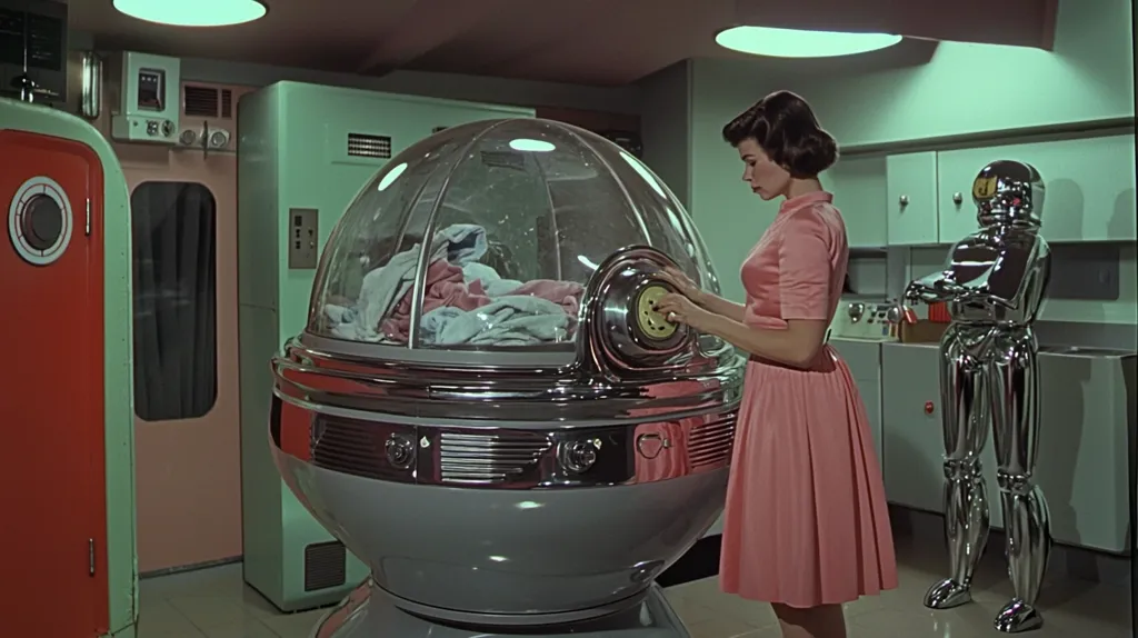 A woman in a pink dress stands in a futuristic kitchen, operating a large, chrome and glass appliance with a dome-shaped lid. The appliance appears to be some kind of futuristic washing machine, containing clothes inside. A chrome robot with folded arms stands nearby, observing. The room is decorated in a mid-century modern style, with pastel green and red accents.