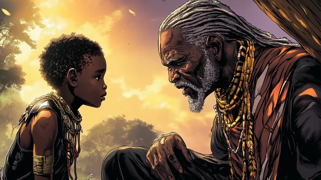 The image depicts an elderly African man with long dreadlocks and a young boy. The man is wearing a red and black shirt, adorned with gold chains, and has a long white beard. The boy is wearing a dark vest with layered necklaces and bangles, and is looking thoughtfully at the man. Both are facing each other, seemingly in a deep conversation. The setting appears to be outdoors, with a warm, sunlit background. The image conveys a sense of wisdom, tradition, and a connection between generations.