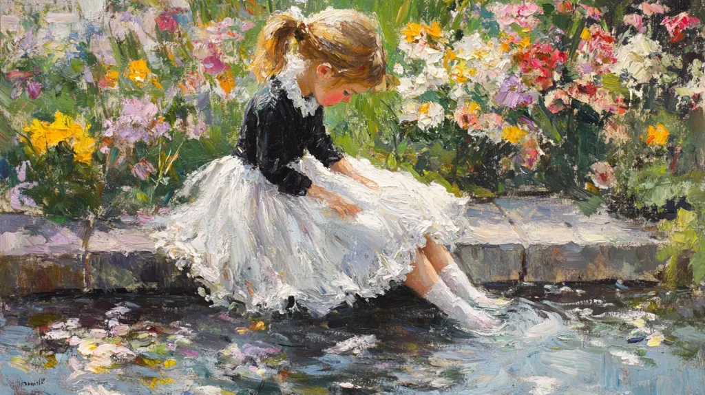 A young girl in a black top and white skirt sits on a stone ledge next to a small stream. She is looking down at the water, and her feet are dangling in the stream. There are colorful flowers in bloom in the background, and the scene is painted in a loose, impressionistic style.  The image suggests a sense of peace and tranquility.