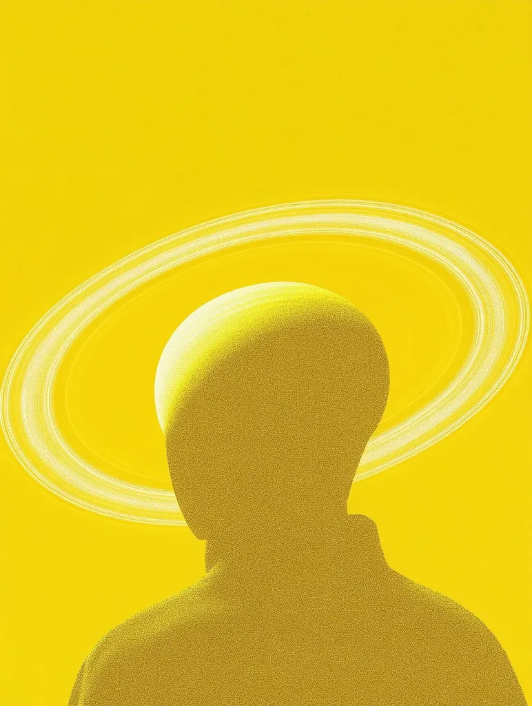 The image features a silhouette of a person standing in front of a yellow background with a large white ring around their head. The person is facing away from the viewer, and their silhouette is made up of small yellow dots. The image has a simple and minimalist aesthetic, creating a sense of mystery and intrigue. The ring, similar to Saturn's rings, adds an ethereal element to the composition.