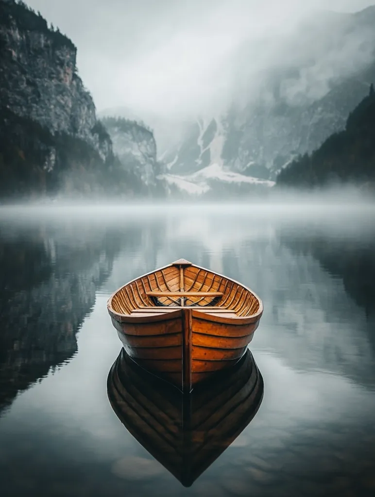 A wooden rowboat sits alone on a calm, misty lake. The mountains in the background are obscured by the fog. The reflection of the boat is visible in the still water. The scene is peaceful and serene, with a sense of solitude.