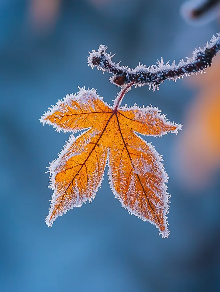 A single, delicate maple leaf, frosted with a fine layer of ice, hangs from a branch against a soft, blue backdrop. The intricate veins of the leaf are accentuated by the frosty coating, creating a delicate, crystalline pattern. The image captures the beauty of winter's icy touch on a fallen autumn leaf.
