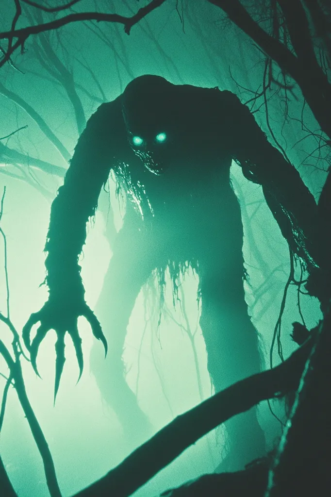 A shadowy, monstrous figure with glowing eyes looms through a dense forest, its form obscured by fog and the twisting branches of trees. The creature's clawed hand reaches towards the viewer, its menacing silhouette evoking fear and a sense of lurking danger. The green-tinged lighting creates an eerie and unsettling atmosphere.  The image suggests a creature from a dark fantasy or horror story.