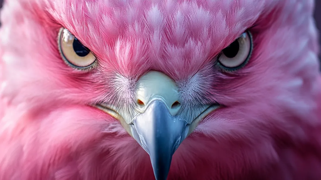 A close-up shot of a pink bird's face. The bird has sharp, piercing eyes and a dark beak. The pink feathers are soft and fluffy, creating a striking contrast against the black eyes and beak. The bird appears to be staring directly at the viewer, conveying a sense of intensity and focus.