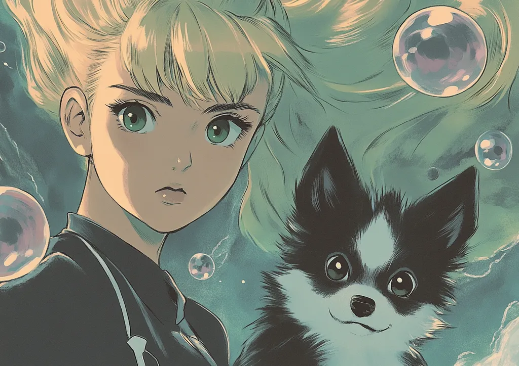 The image is a digitally drawn illustration of a young girl with long blonde hair and a black and white dog. The girl is wearing a black and white outfit and looks serious, while the dog has large, expressive eyes and a joyful expression. They are surrounded by a blue and green background with white bubbles floating around them. The art style is stylized and uses soft, pastel colors.  The girl's hair is flowing freely around her head, and the dog's fur is soft and fluffy.