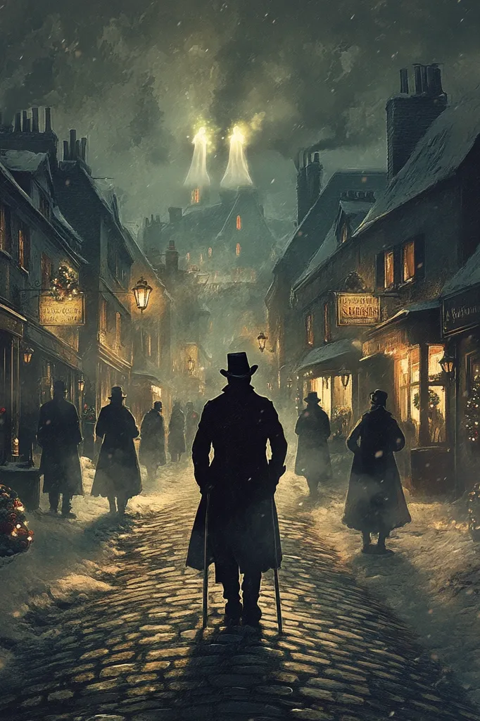 A man in a top hat and coat walks down a cobblestone street in a foggy, dimly lit, snow-covered town. The buildings on either side of him are tall and narrow, with lit windows and signs. Other figures in similar attire are walking in the same direction, but their faces are obscured by the shadows. In the distance, a building with two glowing lights on top can be seen, possibly a church or a factory. The atmosphere is mysterious and slightly melancholic.