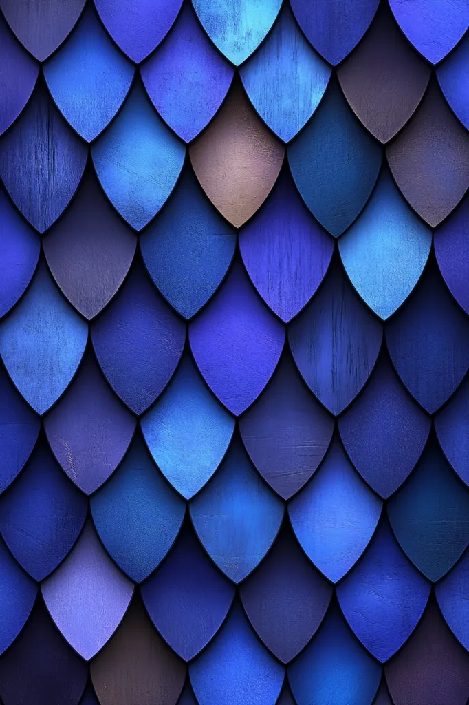 The image shows a pattern of overlapping scales, resembling a dragon's scales or a fish's skin. The scales are predominantly a deep blue color, with subtle variations in shade and texture that create a sense of depth and dimension. The overlapping arrangement of the scales creates a mesmerizing visual effect, suggesting a sense of movement and energy.
