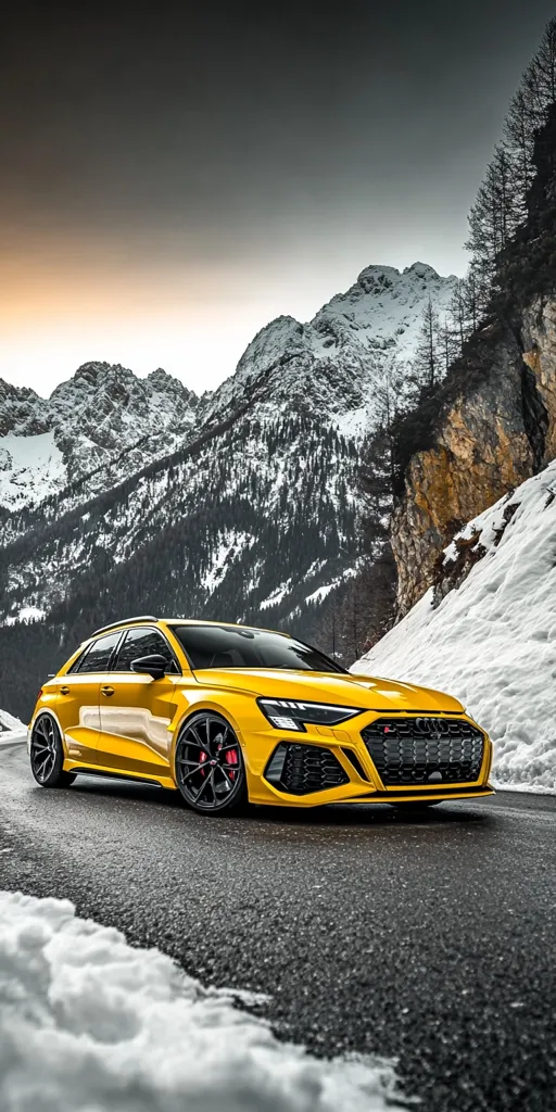 A bright yellow Audi RS3 sits on a black asphalt road with a snow-covered edge.  The car is parked on a mountain road with snow-capped peaks in the background. The car's sleek design and aggressive stance are emphasized by the contrast of the snowy landscape. The overcast sky creates a dramatic backdrop for the image.