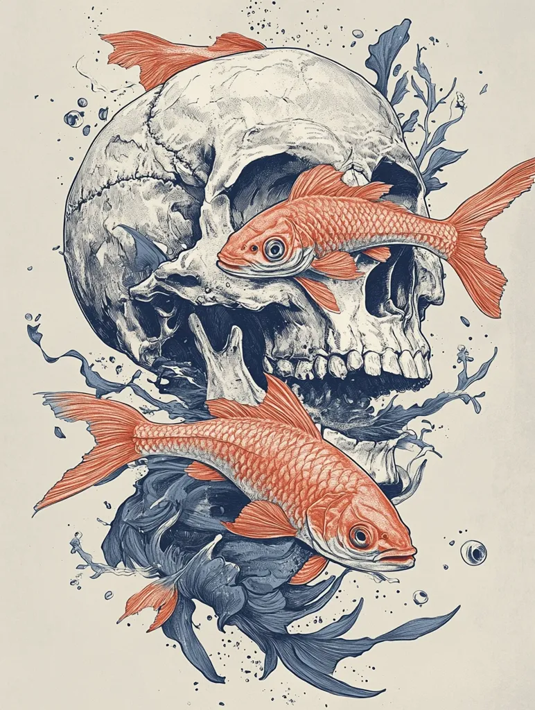 A detailed illustration of a human skull with two orange fish swimming around it. The skull is drawn in shades of blue, while the fish are a bright orange. The background is a light cream color with blue and gray floral details. The image has a dark and ethereal feel, with the skull representing death and the fish representing life.