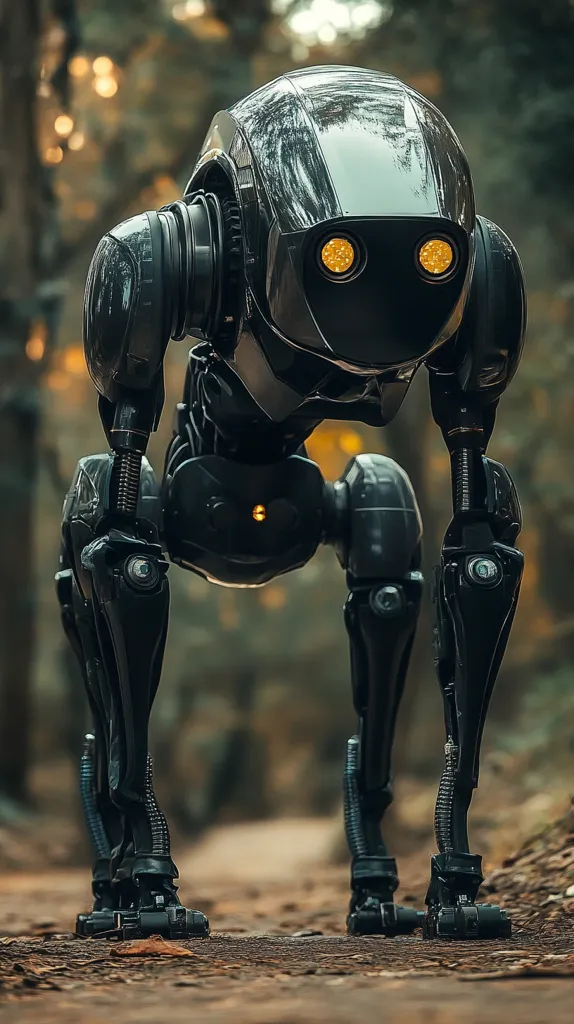A black, robotic creature with two large, yellow eyes and a shiny, metallic head walks through a forest. Its legs are made of intricate, mechanical joints. The creature's lower body is obscured by the forest floor, giving it a futuristic, yet mysterious appearance.  The image is dark and moody, creating a sense of intrigue and suspense.