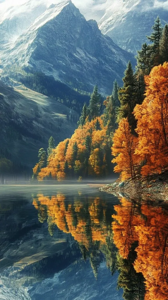A serene lake reflects the majestic snow-capped mountains and autumnal foliage that surround it. The vibrant orange and yellow leaves of the trees create a striking contrast against the blue and green hues of the landscape. The mirror-like surface of the water amplifies the beauty of the scenery, creating a breathtaking and peaceful image. The mist adds an element of mystery and serenity to the scene.