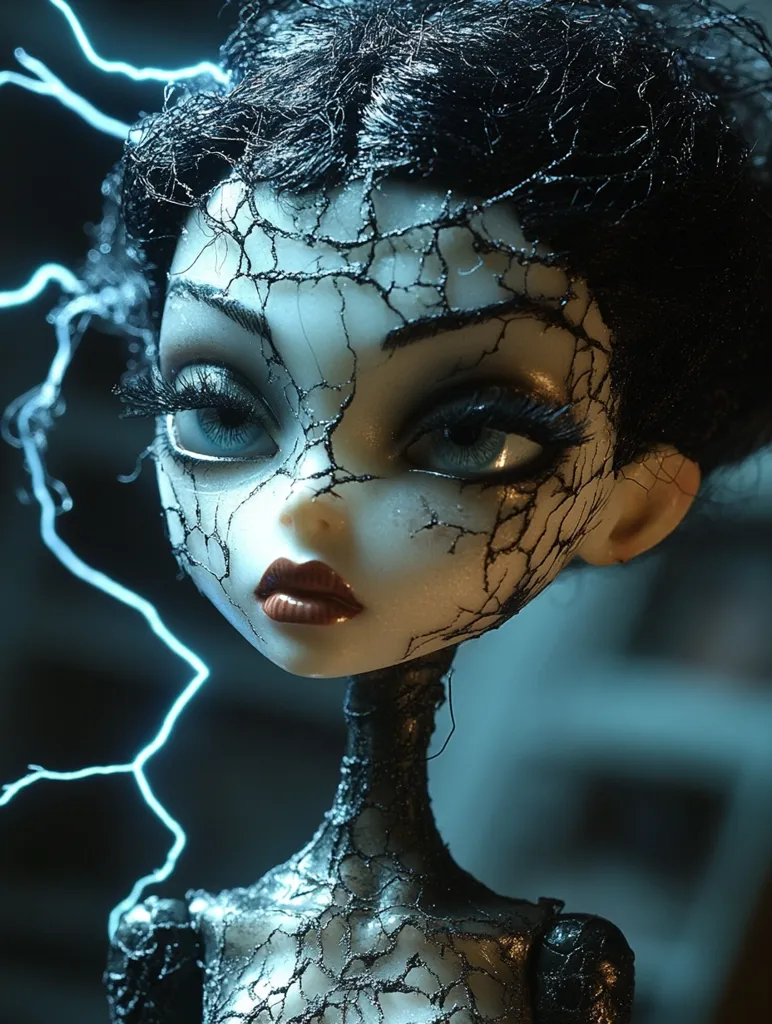 A doll with dark hair and a cracked porcelain face stares intensely with piercing blue eyes.  The doll's body is covered in a dark, web-like material. Blue electric bolts flash in the background. The image has a gothic and eerie feel.