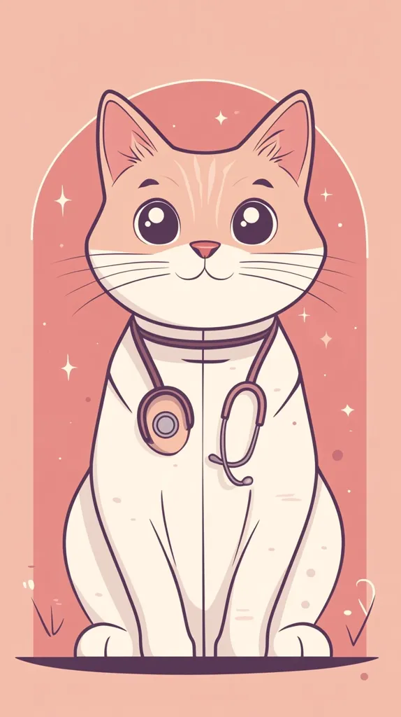 A cartoon cat with big, round eyes and a sweet smile is wearing a doctor's coat and a stethoscope around its neck. The cat is sitting on a light pink background with small white stars. The image has a whimsical and cute aesthetic.