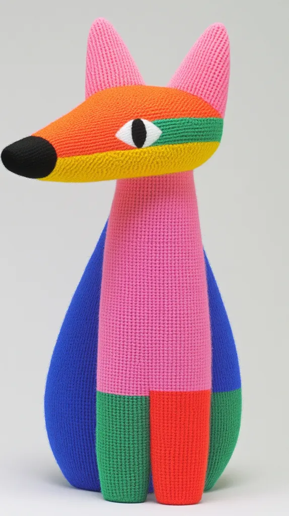 A crocheted fox toy is sitting on a white background. The fox has a pink body, a blue tail, and a colorful head with a black nose and eye. The fox is made of a variety of colors, including red, green, orange, and yellow. It has a simple design with a knitted texture. The toy is standing upright with a slight lean to the side.