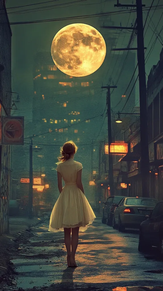 A lone woman in a white dress walks down a quiet city street.  The full moon illuminates the scene, casting a soft glow on the buildings and the woman's hair.  Streetlights cast a warm orange light on the road ahead.  Cars are parked on the side of the road, adding a touch of realism to the scene.  The overall atmosphere is peaceful and serene.  The woman's posture suggests a sense of calm and reflection.
