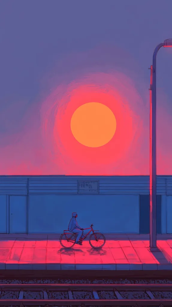 A single figure rides a bicycle across a red-lit platform in front of a blue building. The sun, a bright orange circle, sets in the distance behind a gradient of pink and purple. A tall lamppost stands to the right, casting a shadow on the platform. The scene is minimalist and tranquil, conveying a sense of solitude and contemplation.