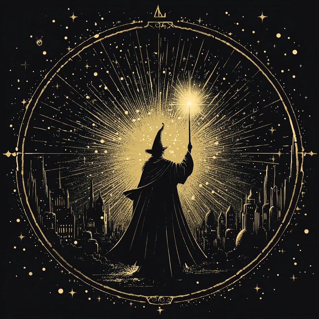 A silhouette of a wizard, wearing a pointed hat and holding a wand, stands in the center of a glowing, circular portal. The portal is filled with light and surrounded by a city skyline and a starry night sky. The wizard appears to be casting a spell, with a golden glow emanating from his wand. The image has a mystical and magical feel.